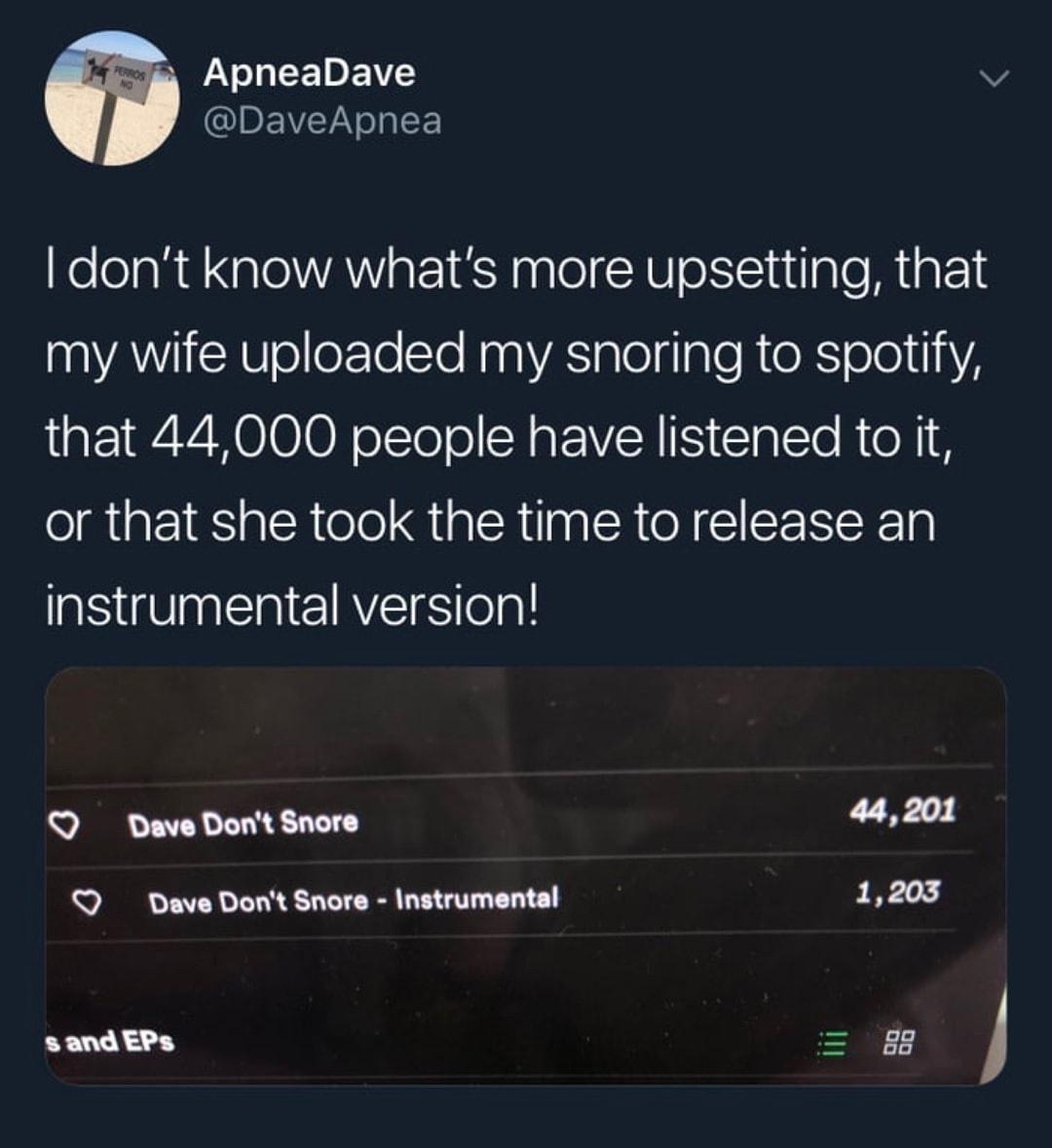 WAV EEENE IBEVYVopF dont know whats more upsetting that my wife uploaded my snoring to spotify that 44000 people have listened to i or that she took the time to release an instrumental version Q Dave Dont Snore 44201 Q Dave Dont Snore Instrumental 1203 sand EPs 8 l