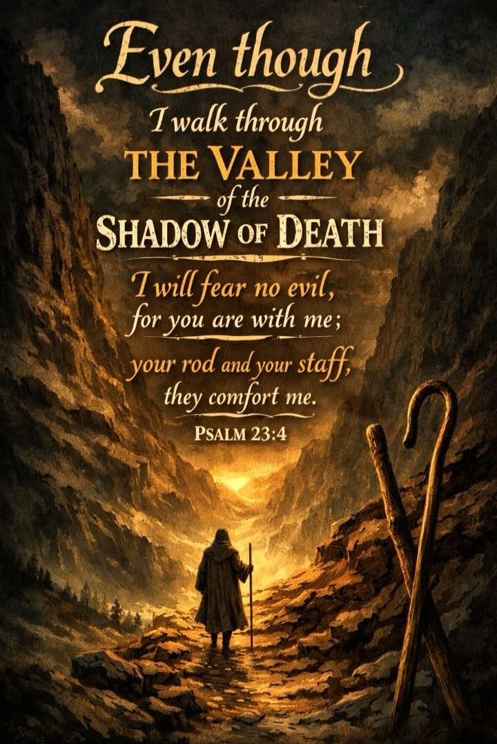 Even though I walk through THE VALLEY of the SHADOW of DEATH I will fear no evil, for you are with me; your rod and your staff, they comfort me. PSALM 23:4