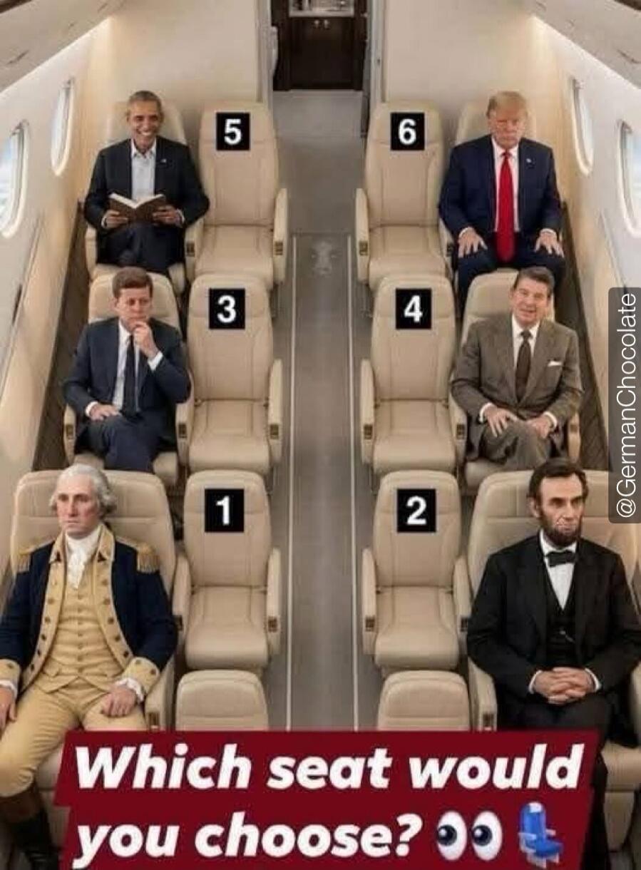An image showing the interior of a private jet with six seats, numbered 1 to 6. Six former US presidents are seated: George Washington in seat 1, Abraham Lincoln in seat 2, John F. Kennedy in seat 3, Ronald Reagan in seat 4, Barack Obama in seat 5, and Donald Trump in seat 6. A text overlay asks: 'Which seat would you choose?'
