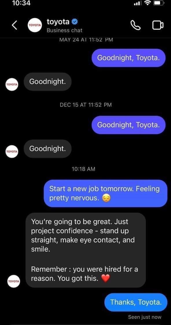 1034 IR 25 S O USEZYRIEP ALY Goodnight DEC 15 AT 1152 PM Goodnight 1018 AM Youre going to be great Just project confidence stand up straight make eye contact and smile Remember you were hired for a reason You got this Seen just now