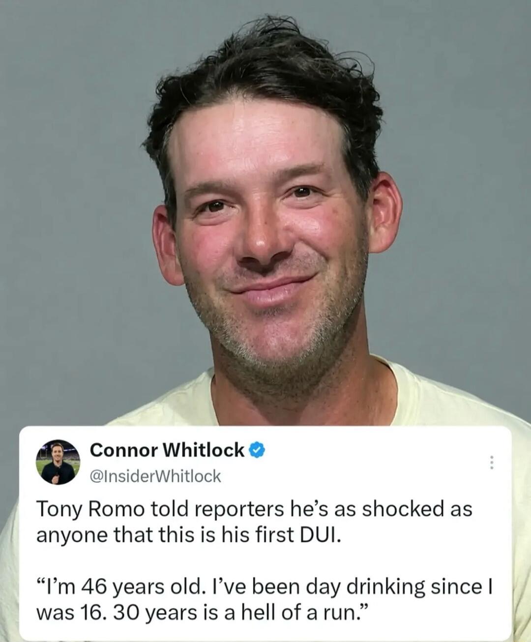 Connor Whitlock @InsiderWhitlock Tony Romo told reporters he's as shocked as anyone that this is his first DUI. 