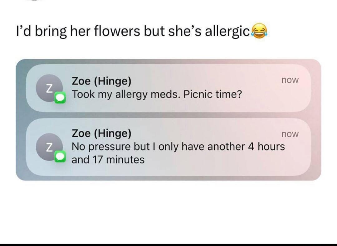 Id bring her flowers but shes allergics Zoe Hinge now Took my allergy meds Picnic time Zoe Hinge now Q No pressure but only have another 4 hours and 17 minutes