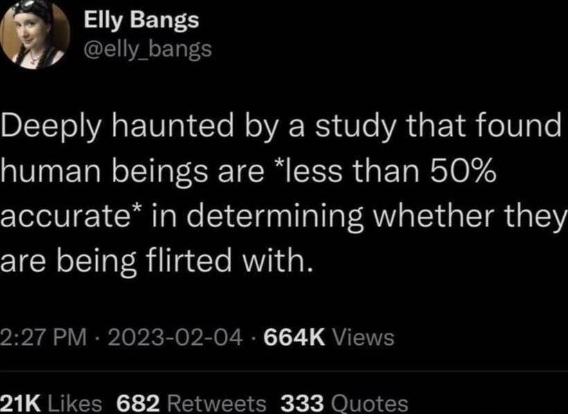 e Elly Bangs elly bangs Deeply haunted by a study that found human beings are less than 50 accurate in determining whether they are being flirted with 227 PM 2023 02 04 664K Views 21K Likes 682 Retweets 333 Quotes