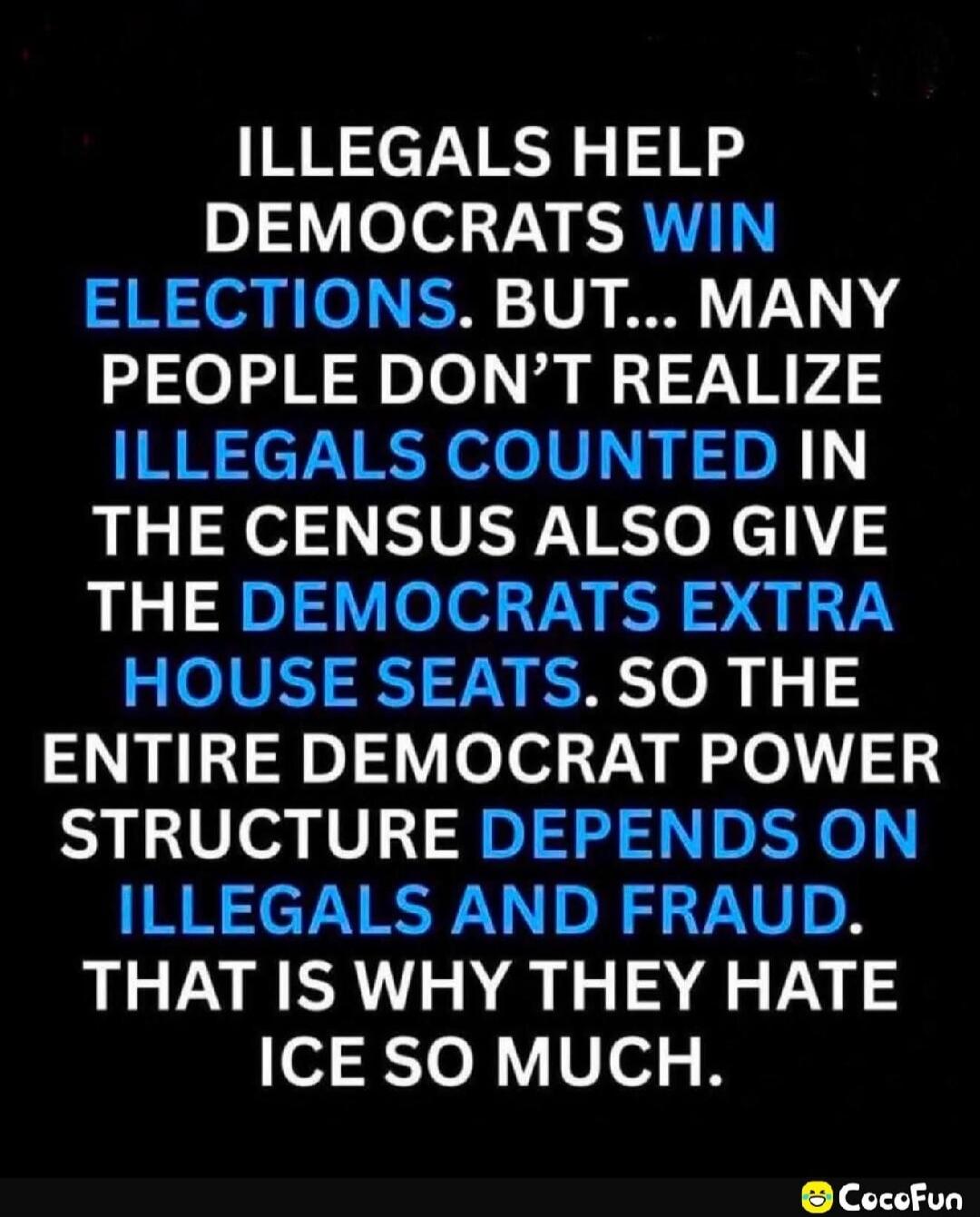 ILLEGALS HELP DEMOCRATS WIN ELECTIONS. BUT... MANY PEOPLE DON'T REALIZE ILLEGALS COUNTED IN THE CENSUS ALSO GIVE THE DEMOCRATS EXTRA HOUSE SEATS. SO THE ENTIRE DEMOCRAT POWER STRUCTURE DEPENDS ON ILLEGALS AND FRAUD. THAT IS WHY THEY HATE ICE SO MUCH.