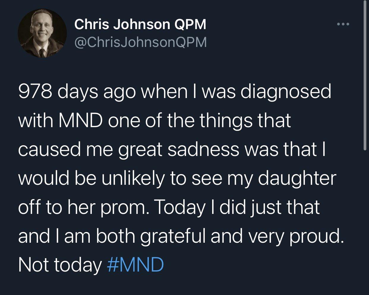 9 Chris Johnson QPM v ChrisJohnsonQPM 978 days ago when was diagnosed WilaRYINDXeIalcR IR a R allale SR gF caused me great sadness was that would be unlikely to see my daughter olilteRalcigelgelaaMulole EVAKe le BIVE Migtls and am both grateful and very proud Nel R oo FYE2VINID