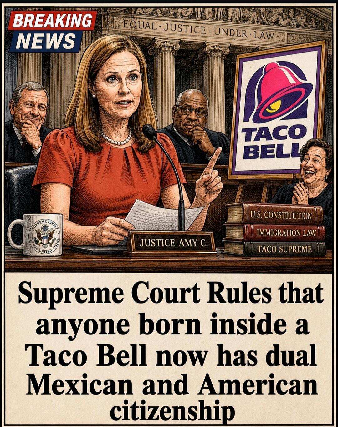 BREAKING NEWS EQUAL JUSTICE UNDER LAW TACO BELL JUSTICE AMY C. U.S. CONSTITUTION IMMIGRATION LAW TACO SUPREME SUPREME COURT RULES THAT ANYONE BORN INSIDE A TACO BELL NOW HAS DUAL MEXICAN AND AMERICAN CITIZENSHIP SUPREME COURT OF THE UNITED STATES