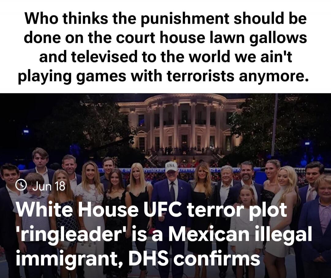 Who thinks the punishment should be done on the court house lawn gallows and televised to the world we ain't playing games with terrorists anymore. White House UFC terror plot 'ringleader' is a Mexican illegal immigrant, DHS confirms