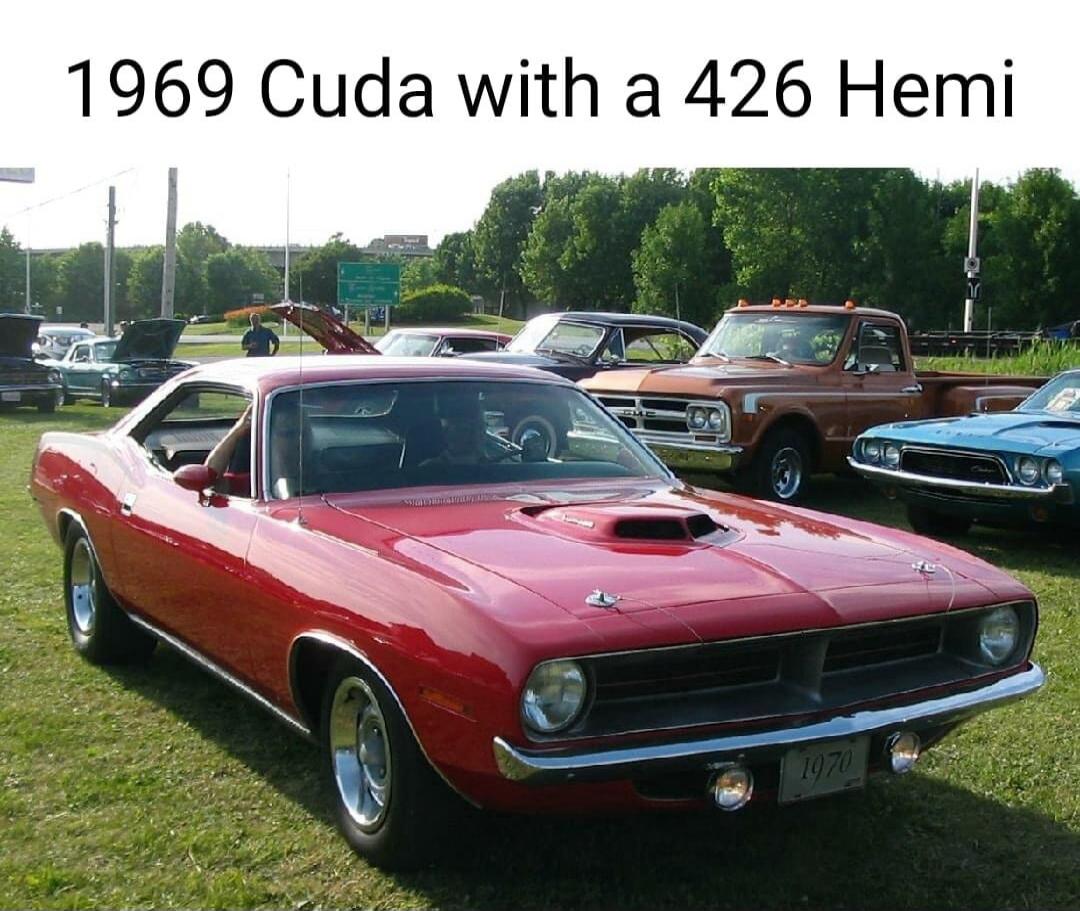 1969 Cuda with a 426 Hemi. The car shown is a 1970 model, as indicated by the license plate '1970'.