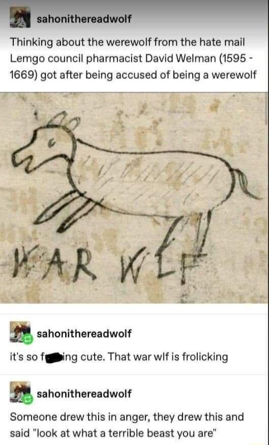 Thinking about the werewolf from the hate mail Lemgo council pharmacist David Welman 1595 1669 got after being accused of being a werewolf o ff sahonithereadwolf its so fygeing cute That war wif is frolicking a sahonithereadwolf Someone drew this in anger they drew this and said look at what a terrible beast you are