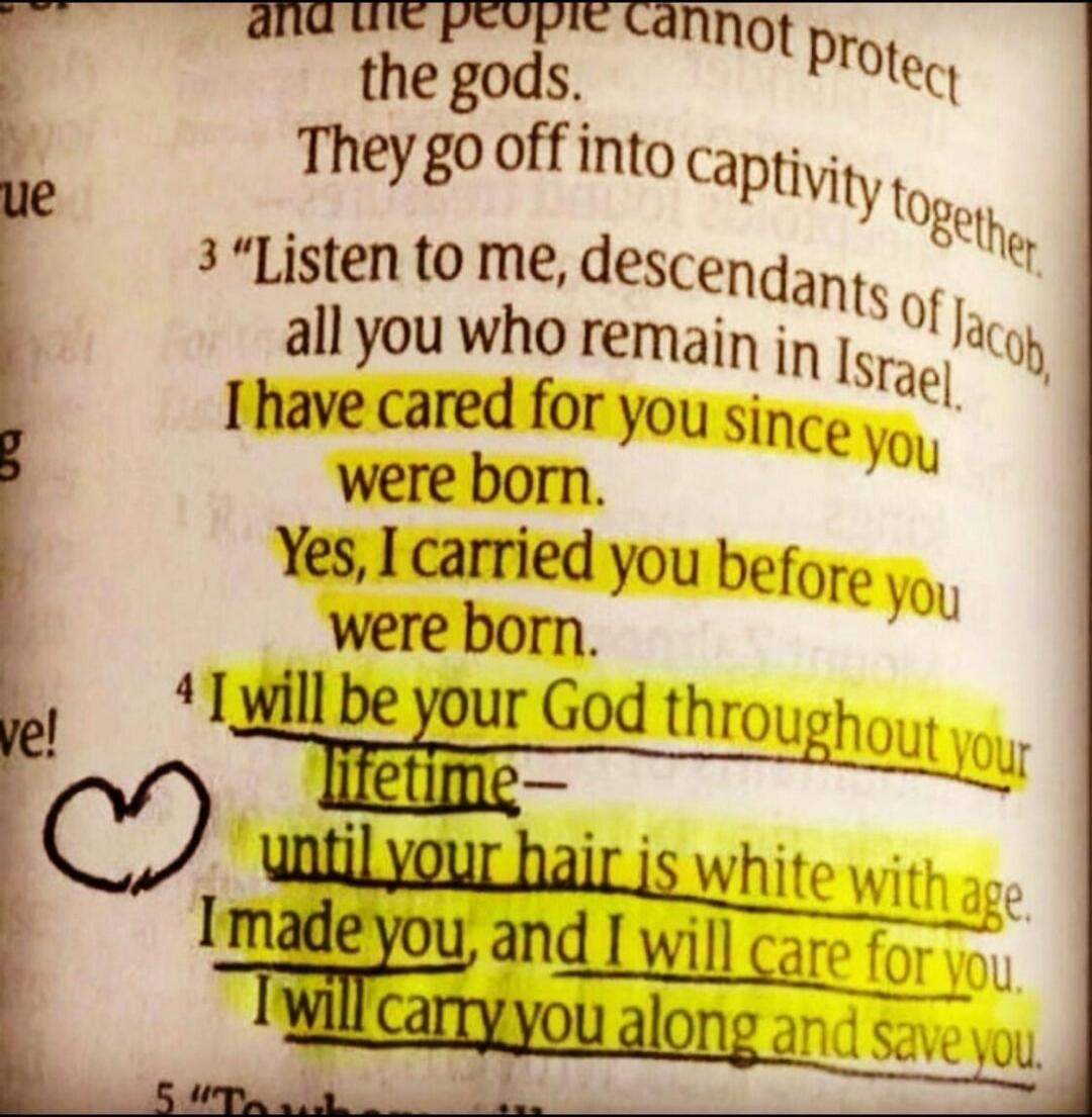 I have cared for you since you were born. Yes, I carried you before you were born. I will be your God throughout your lifetime— until your hair is white with age. I made you, and I will care for you. I will carry you along and save you.