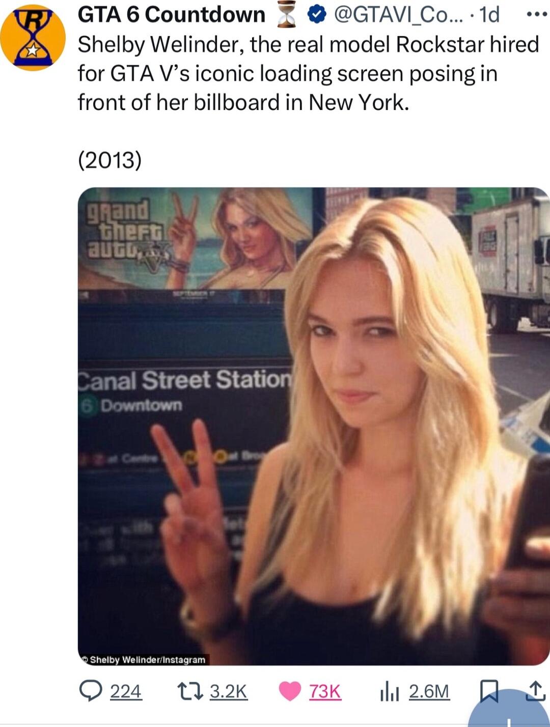 GTA 6 Countdown Z GTAVI Co 1d Shelby Welinder the real model Rockstar hired for GTA Vs iconic loading screen posing in front of her billboard in New York 2013