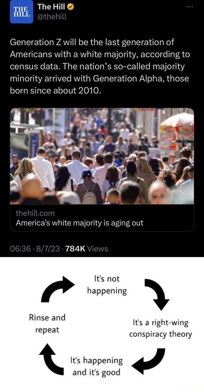 The Hill o L4 Generation Z will be the last generation of Americans with a white majority according to census data The nations so called majority minority arrived with Generation Alpha those born since about 2010 Americas white majority is aging out 784K Its not happening w Rinse and Its a right wing repeat conspiracy theory and its good