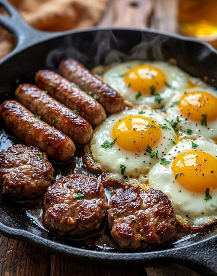 A cast iron skillet filled with a hearty breakfast. It contains four fried eggs with runny yolks, sprinkled with herbs and black pepper. Alongside the eggs are four browned sausages and three small, round sausage patties. Steam is visibly rising from the hot food.
