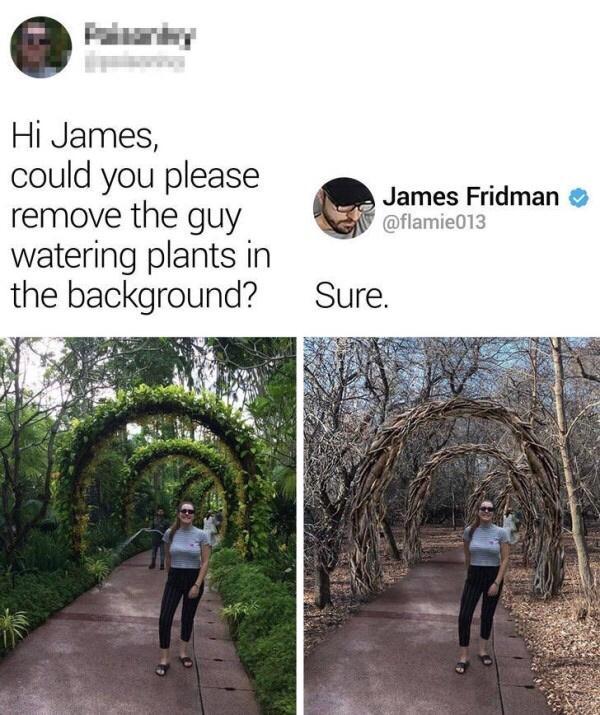 P bty Hi James could you please remove the guy watering plants in the background Sure James Fridman flamie013