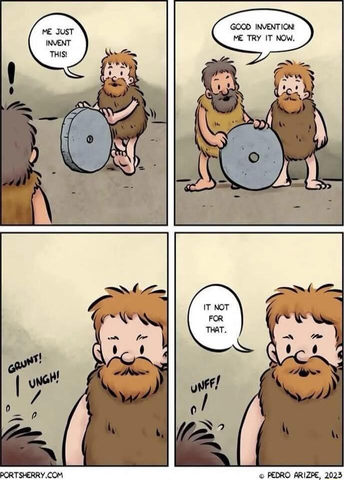 Panel 1: ME JUST INVENT THIS!
Panel 2: GOOD INVENTION ME TRY IT NOW.
Panel 3: GAUNT! UNGH!
Panel 4: IT NOT FOR THAT.