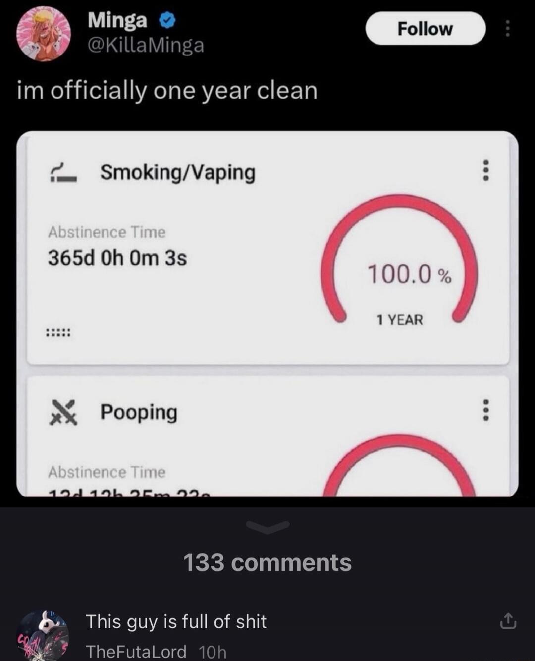 im officially one year clean Smoking/Vaping Abstinence Time 365d 0h 0m 3s 100.0 % 1 YEAR Pooping Abstinence Time 12d 12h 25m 22s