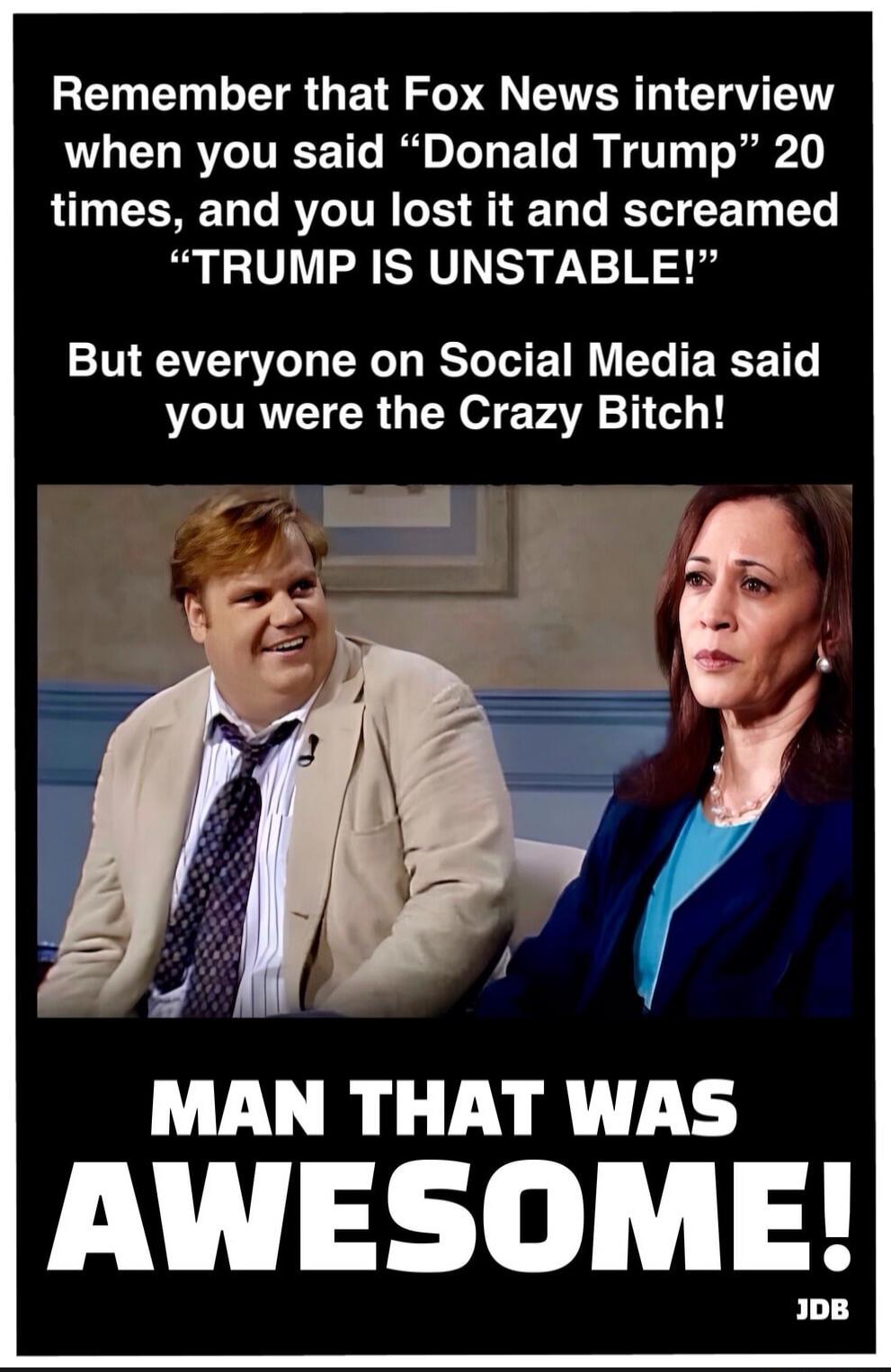 Remember that Fox News interview when you said “Donald Trump” 20 times, and you lost it and screamed “TRUMP IS UNSTABLE!” But everyone on Social Media said you were the Crazy Bitch! MAN THAT WAS AWESOME!