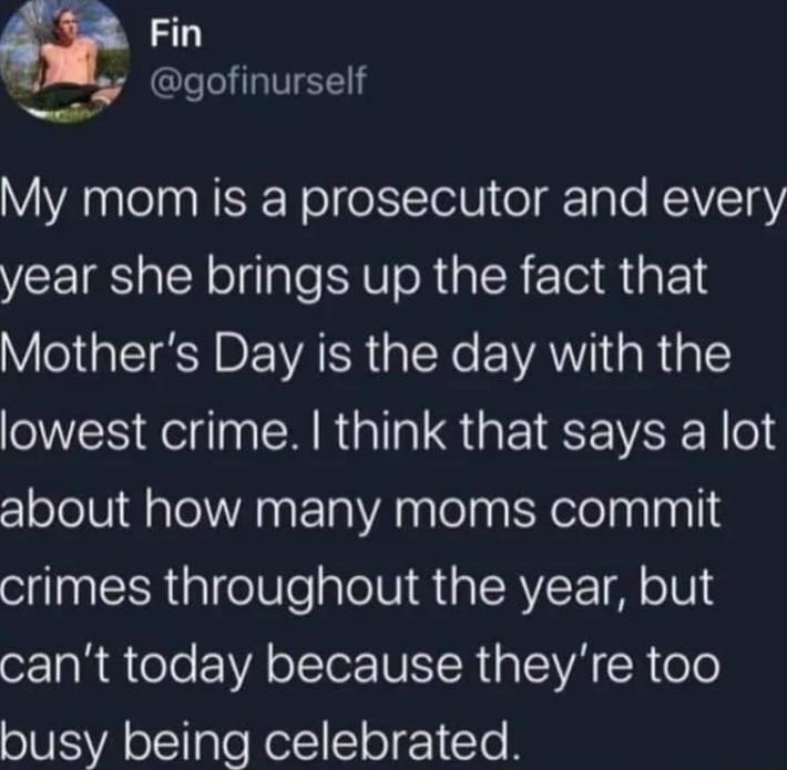 Fin gofinurself VA leln NN o o TTolV o gkTale NIVCTgY year she brings up the fact that Mothers Day is the day with the lowest crime think that says a lot zlololU 8 aTel AN ETaA N ToTpg N ololaalaglig crimes throughout the year but oI a R A ele VA oIYer NITR a SVA R Cole busy being celebrated
