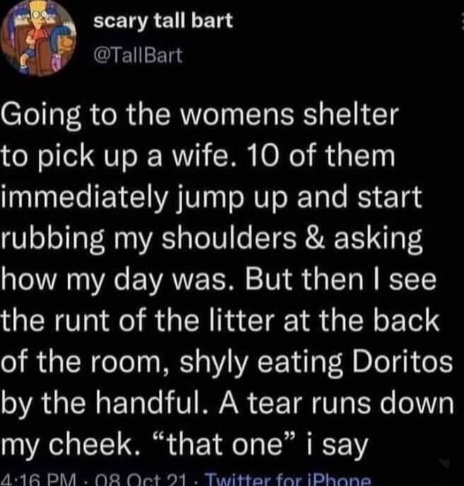 ELEGR SN ETS TallBart Going to the womens shelter to pick up a wife 10 of them immediately jump up and start rubbing my shoulders asking how my day was But then see the runt of the litter at the back of the room shyly eating Doritos by the handful A tear runs down my cheek that one i say A148 PM O2 Ot 21 Twitter far iPhans