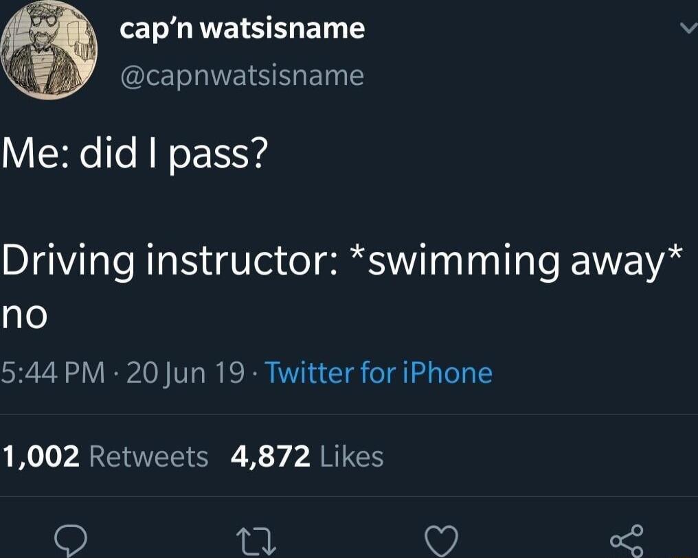 capn watsisname v capnwatsisname Me did pass Driving instructor swimming away no 544 PM 20 Jun 19 Twitter for iPhone 1002 Retweets 4872 Likes Lo o2