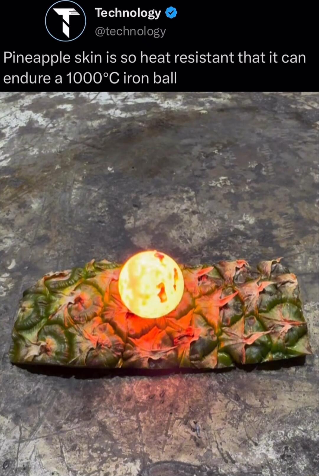Technology Pineapple skin is so heat resistant that it can endure a1000C iron ball