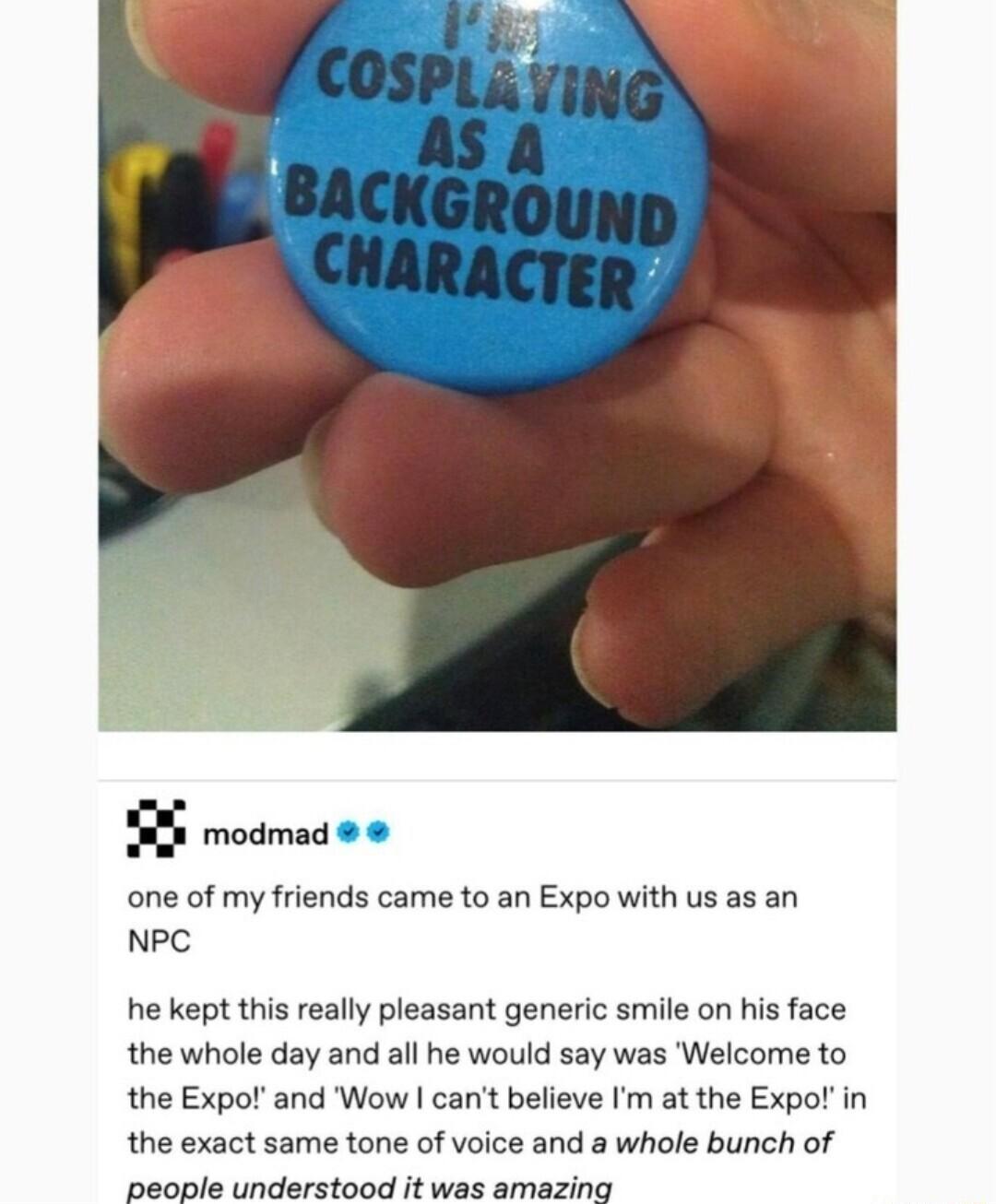 2 modmad one of my friends came to an Expo with us as an NPC he kept this really pleasant generic smile on his face the whole day and all he would say was Welcome to the Expot and Wow cant believe Im at the Expolin the exact same tone of voice and a whole bunch of people understood it was amezing