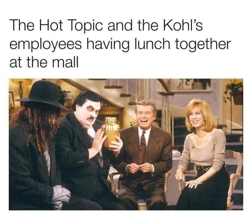 The Hot Topic and the Kohls employees having lunch together at the mall y s e