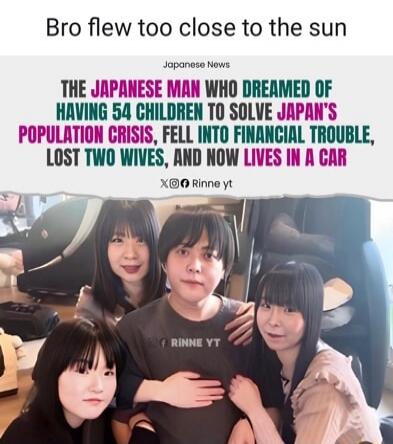 THE JAPANESE MAN WHO DREAMED OF HAVING 54 CHILDREN TO SOLVE JAPAN'S POPULATION CRISIS, FELL INTO FINANCIAL TROUBLE, LOST TWO WIVES, AND NOW LIVES IN A CAR