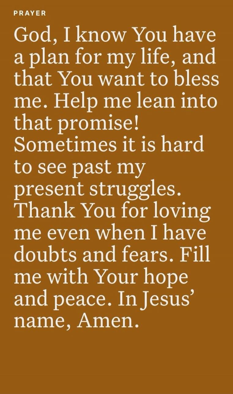 PRAYER God, I know You have a plan for my life, and that You want to bless me. Help me lean into that promise! Sometimes it is hard to see past my present struggles. Thank You for loving me even when I have doubts and fears. Fill me with Your hope and peace. In Jesus' name, Amen.