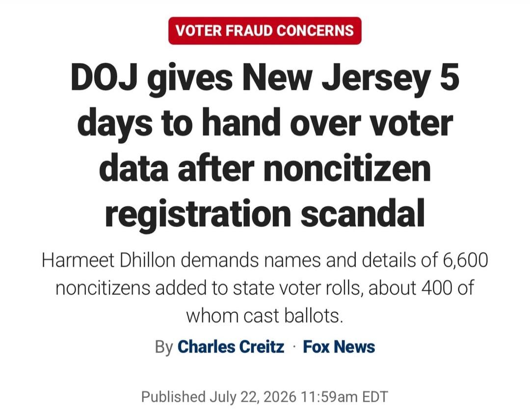 VOTER FRAUD CONCERNS DOJ gives New Jersey 5 days to hand over voter data after noncitizen registration scandal Harmeet Dhillon demands names and details of 6,600 noncitizens added to state voter rolls, about 400 of whom cast ballots. By Charles Creitz Fox News Published July 22, 2026 11:59am EDT