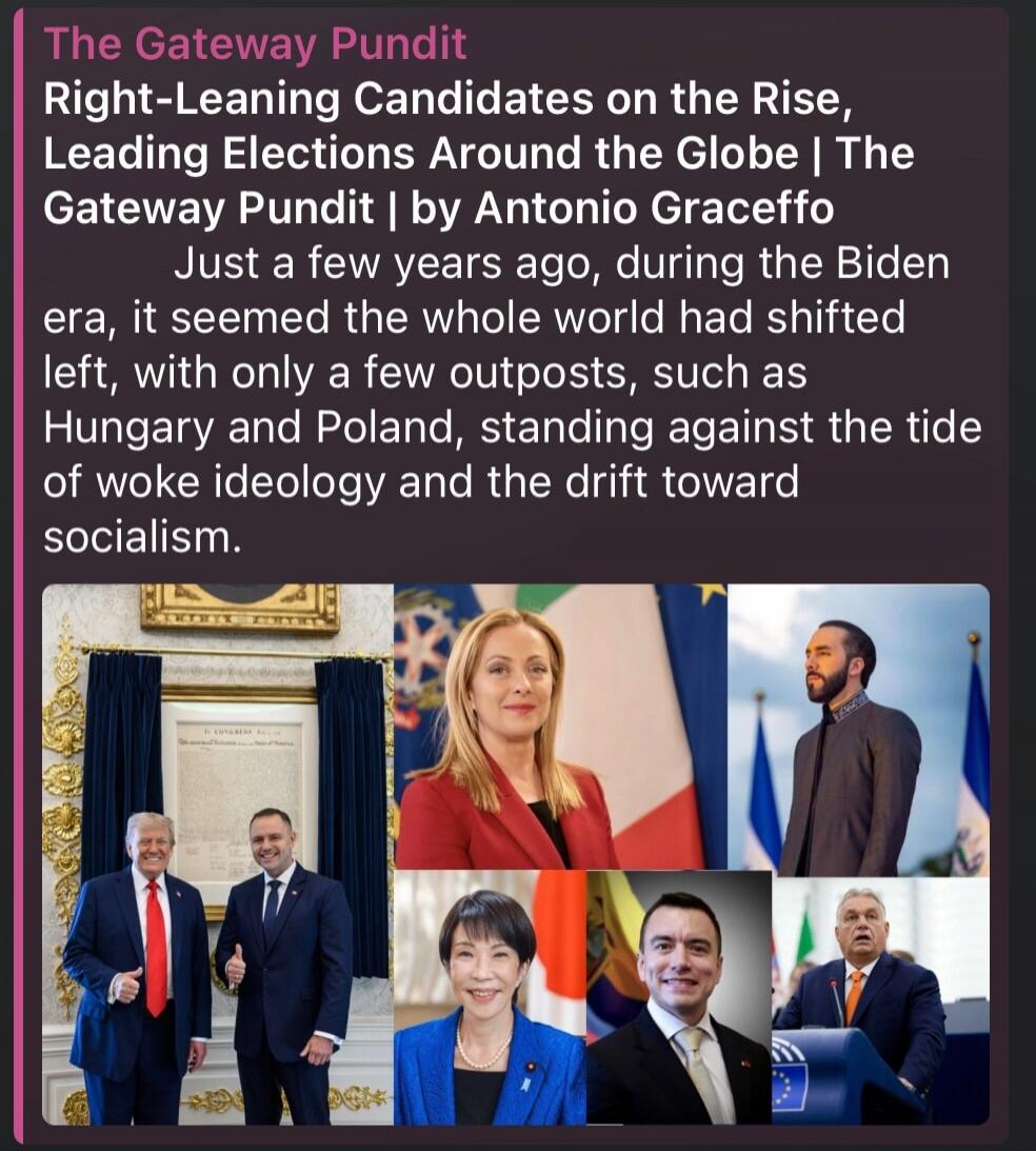 The Gateway Pundit Right-Leaning Candidates on the Rise, Leading Elections Around the Globe | The Gateway Pundit | by Antonio Graceffo Just a few years ago, during the Biden era, it seemed the whole world had shifted left, with only a few outposts, such as Hungary and Poland, standing against the tide of woke ideology and the drift toward socialism