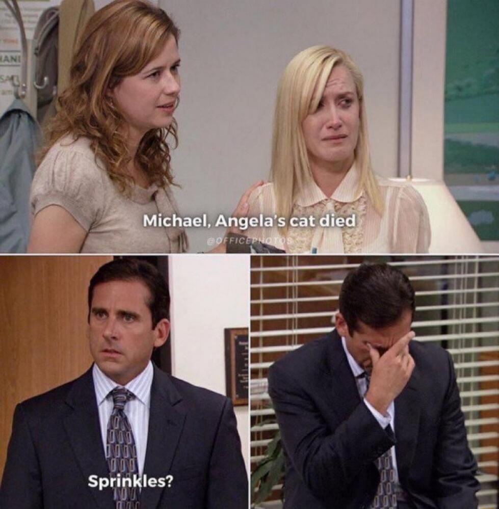 Michael, Angela's cat died
Sprinkles?