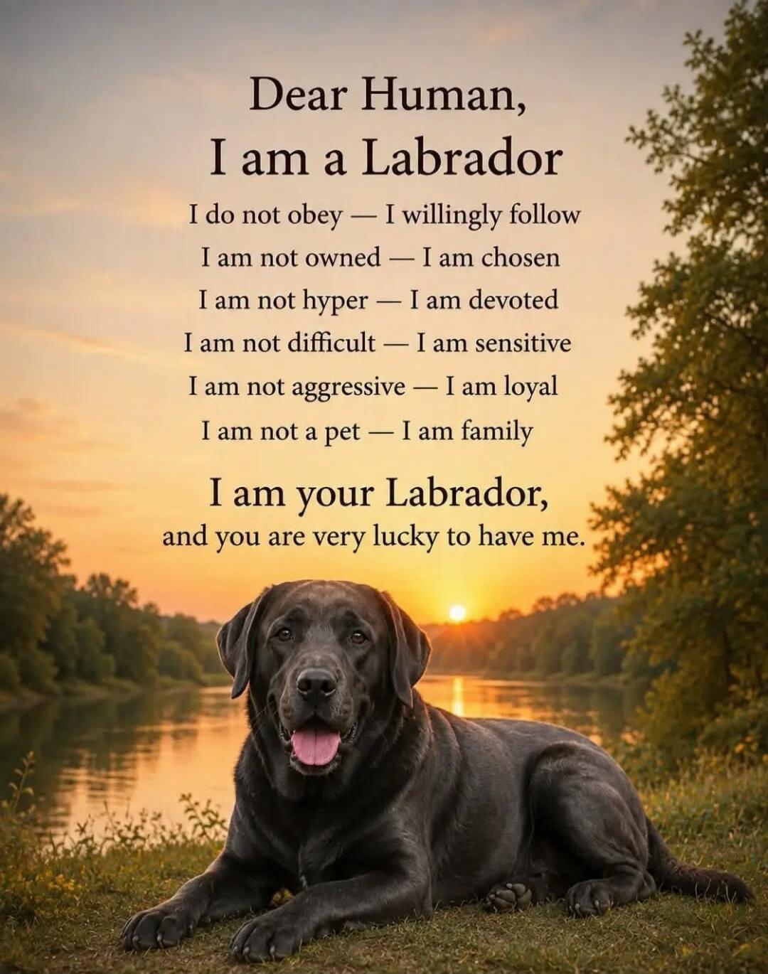 Dear Human, I am a Labrador. I do not obey — I willingly follow. I am not owned — I am chosen. I am not hyper — I am devoted. I am not difficult — I am sensitive. I am not aggressive — I am loyal. I am not a pet — I am family. I am your Labrador, and you are very lucky to have me.