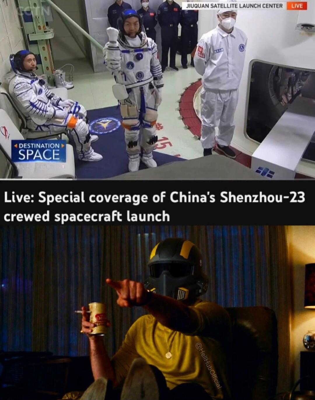 JIUQUAN SATELLITE LAUNCH CENTER LIVE. DESTINATION SPACE. Live: Special coverage of China's Shenzhou-23 crewed spacecraft launch. A person in a helmet points at the screen, reacting to the broadcast.