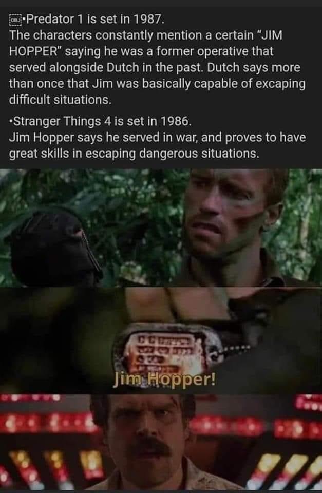 iPredator 1 is set in 1987 The characters constantly mention a certain JIM HOPPER saying he was a former operative that served alongside Dutch in the past Dutch says more RUELTCL LRGN R E R GE IR E L X I T difficult situations Stranger Things 4 is set in 1986 Jim Hopper says he served in war and proves to have great skills in escaping dangerous situations r o st AN
