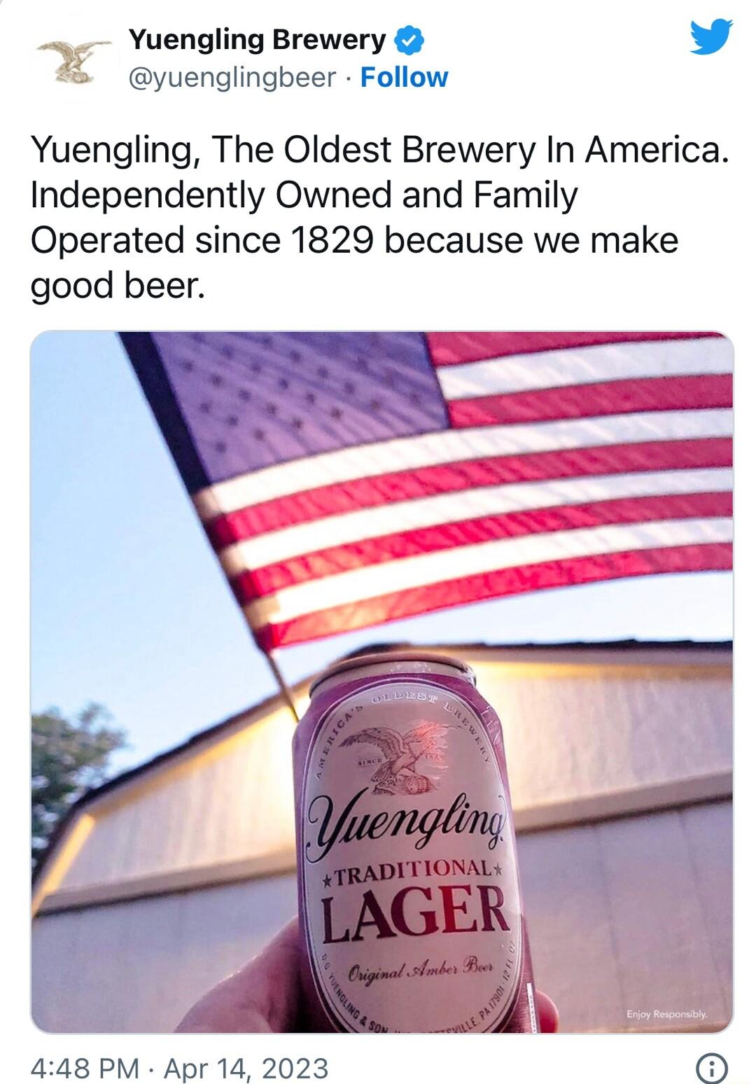 Yuengling Brewery 4 yuenglingbeer Follow Yuengling The Oldest Brewery In America Independently Owned and Family Operated since 1829 because we make good beer 448 PM Apr 14 2023 6
