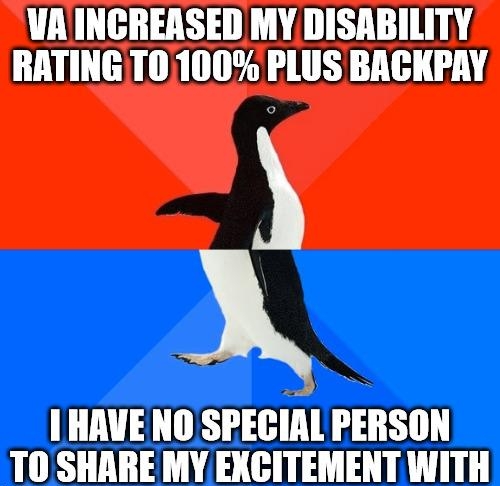 VAINCREASED MY DISABILITY RATINGT0100 PLUS BACKPAY X I HAVENO SPEGIl PERSON TO SHARE MY EXCITEMENT WITH