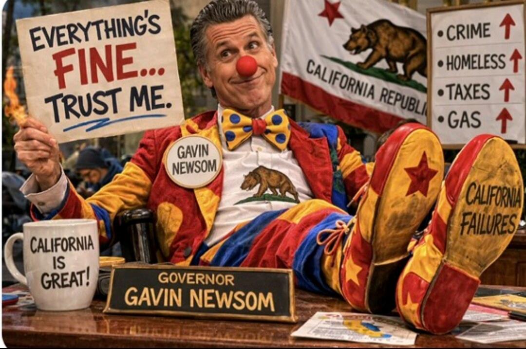 EVERYTHING'S FINE... TRUST ME. GAVIN NEWSOM GOVERNOR GAVIN NEWSOM CALIFORNIA IS GREAT! CRIME ↑ HOMELESS ↑ TAXES ↑ GAS ↑ CALIFORNIA FAILURES CALIFORNIA REPUBLIC