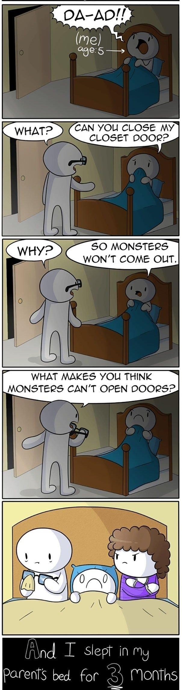 Warning the following comic is e R SR VEIEVENTS 50 MONSTERS _WONT COME OUIT WHAT MAKES YOU THINK MONSTERS CANT OPEN DOORS2 1 FQn T slept inmy Parerfs bed for MoNThs THEODDISOUTTUMBLRCOM JAMES R