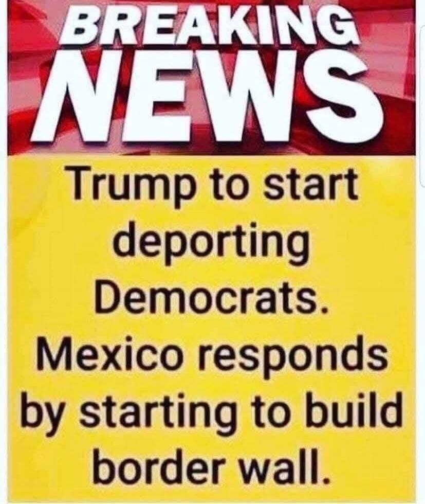 BREAKING NEWS Trump to start deporting Democrats. Mexico responds by starting to build border wall.