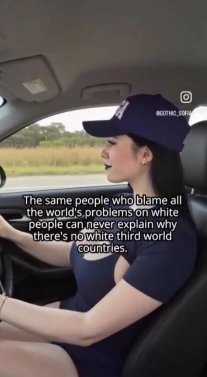 The same people who blame all the world's problems on white people can never explain why there's no white third world countries.