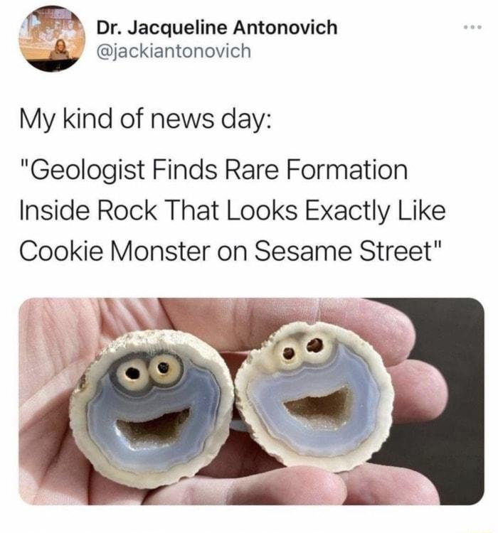 Dr Jacqueline Antonovich jackiantonovich My kind of news day Geologist Finds Rare Formation Inside Rock That Looks Exactly Like Cookie Monster on Sesame Street