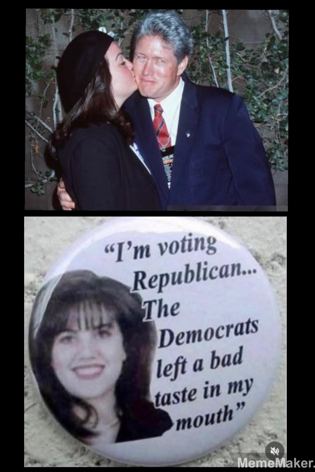 Top image: a woman kissing an older man on the cheek. Bottom image: a round political button with text: 