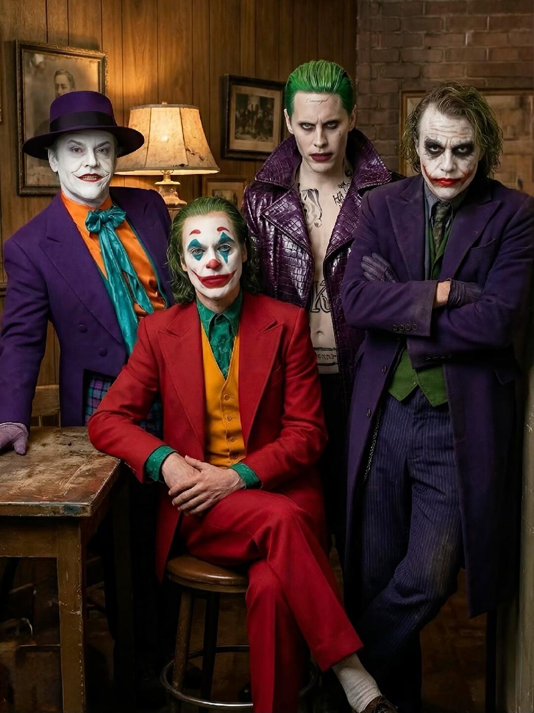 A composite image featuring four actors who portrayed the Joker: Jack Nicholson, Joaquin Phoenix, Jared Leto, and Heath Ledger. They are all in their distinct Joker costumes and makeup, posing together in an indoor setting.