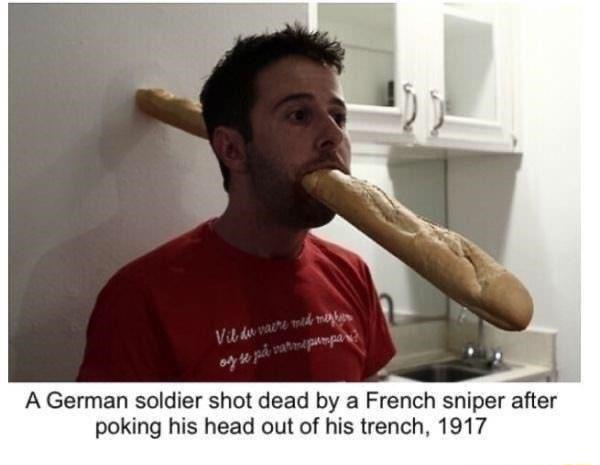 A German soldier shot dead by a French sniper after poking his head out of his trench 1917