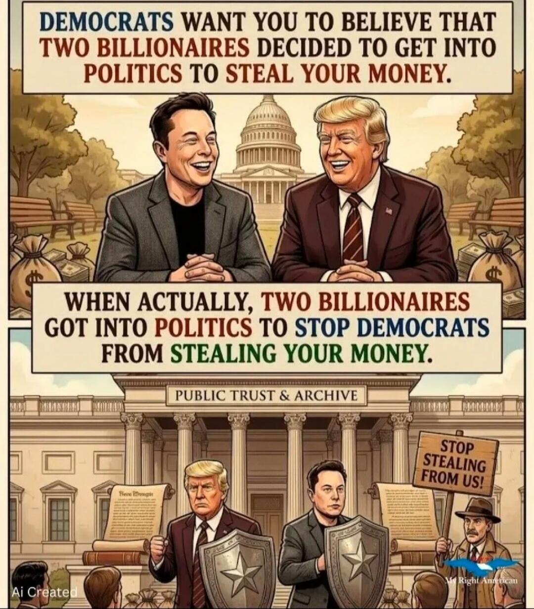 DEMOCRATS WANT YOU TO BELIEVE THAT TWO BILLIONAIRES DECIDED TO GET INTO POLITICS TO STEAL YOUR MONEY. WHEN ACTUALLY, TWO BILLIONAIRES GOT INTO POLITICS TO STOP DEMOCRATS FROM STEALING YOUR MONEY. PUBLIC TRUST & ARCHIVE. STOP STEALING FROM US! AI Created. Mr Right American.
