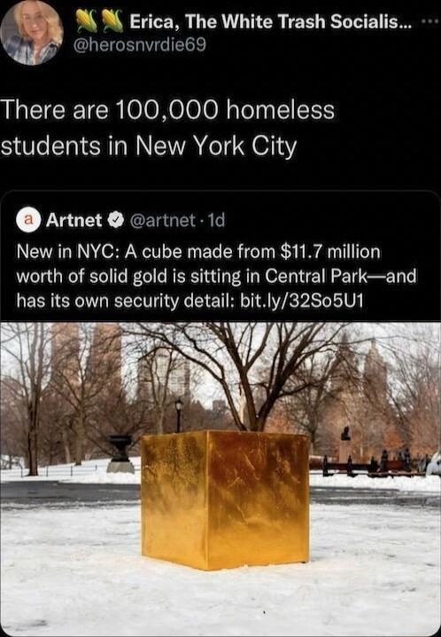 58 M N Erica The White Trash Socialis u herosnvrdie69 There are 100000 homeless students in New York City Artnet0 artnet New in NYC A cube made from 117 million worth of solid gold is sitting in Central Parkand has its own security detail bitly32S05U1