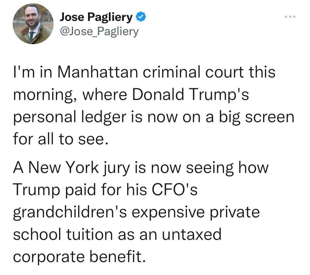Jose Pagliery Jose_Pagliery Im in Manhattan criminal court this morning where Donald Trumps personal ledger is now on a big screen for all to see A New York jury is now seeing how Trump paid for his CFOs grandchildrens expensive private school tuition as an untaxed corporate benefit
