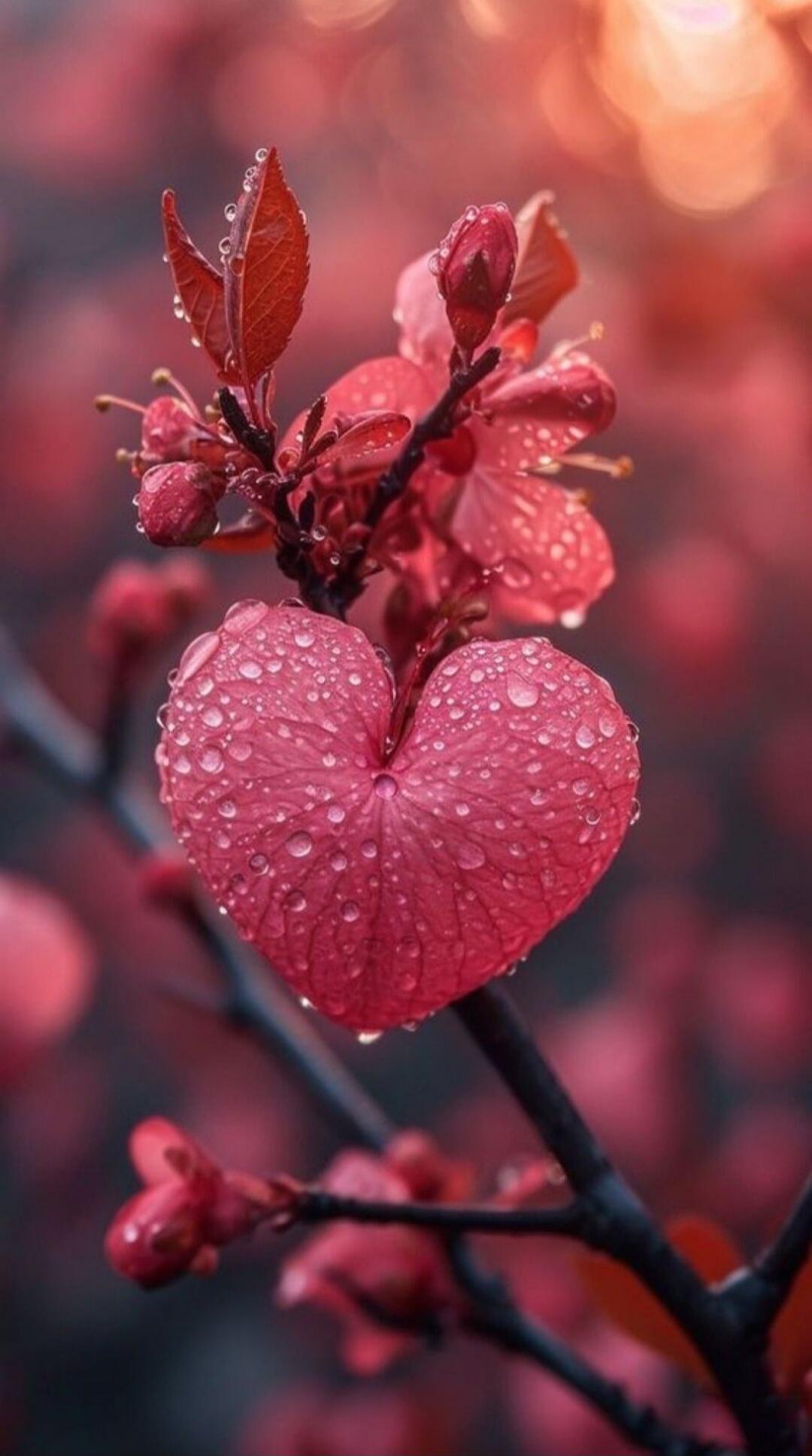 Close-up of a pink heart-shaped leaf with water droplets on a branch.