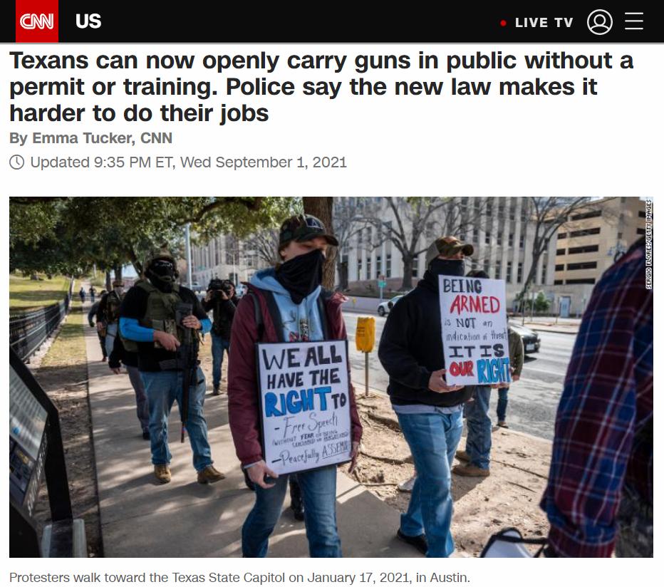 Texans can now openly carry guns in public with permit or training Police say the new law makes it harder to do their jobs By Emma Tucker CNN Updated 935 PM ET Wed September 1 2021